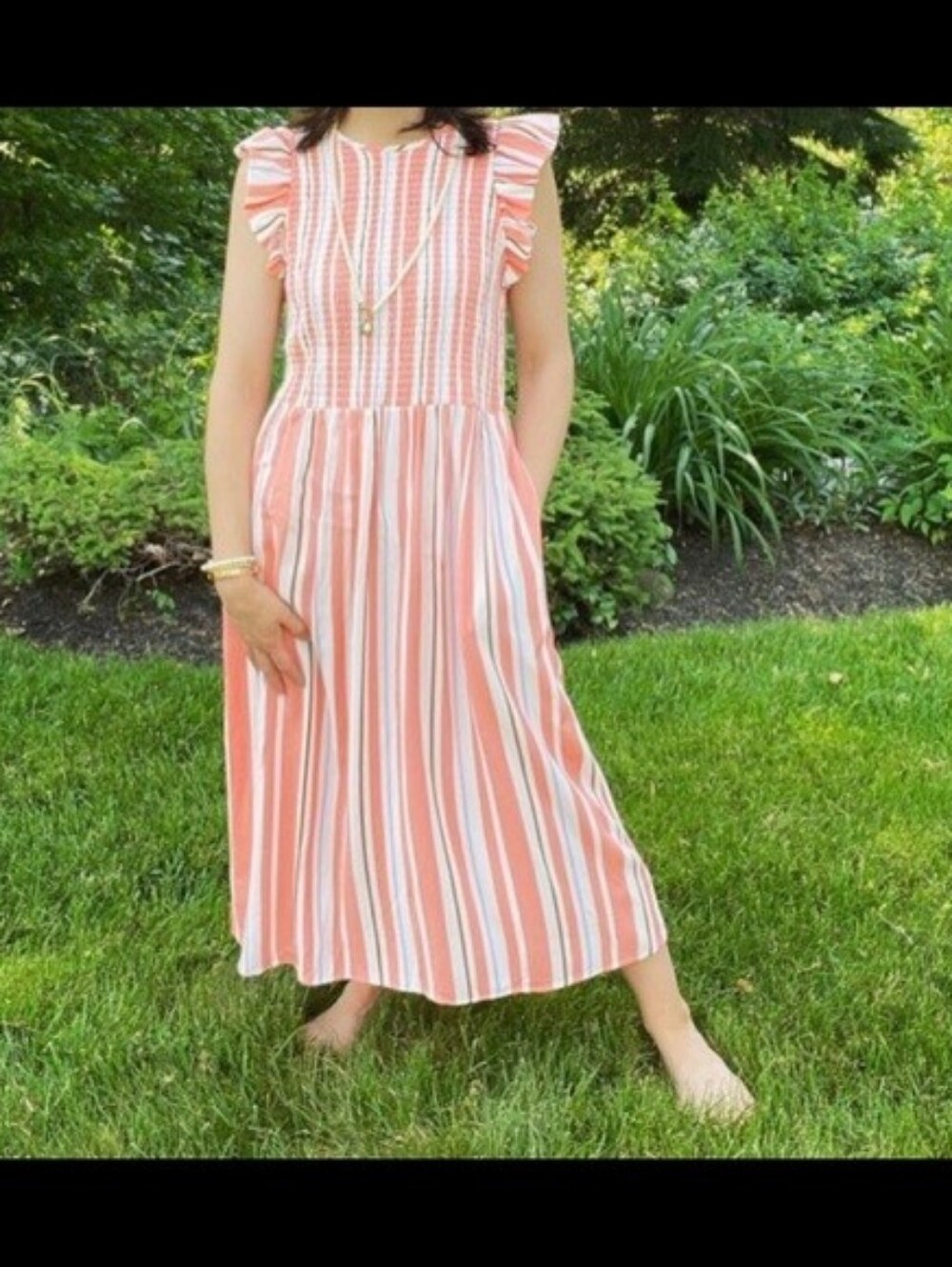 A New Day Striped Smocked Midi Dress with Pockets – Size M